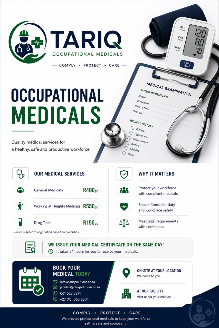 Tariq Solutions occupational medicals price list flyer