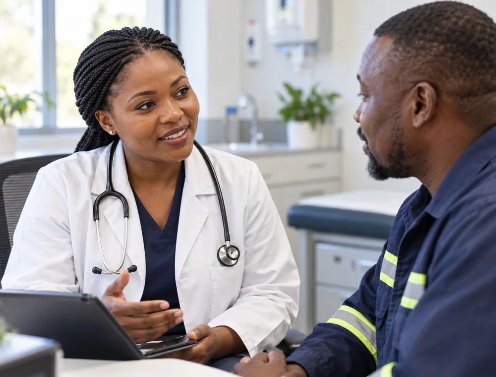 Occupational health practitioner speaking with a worker