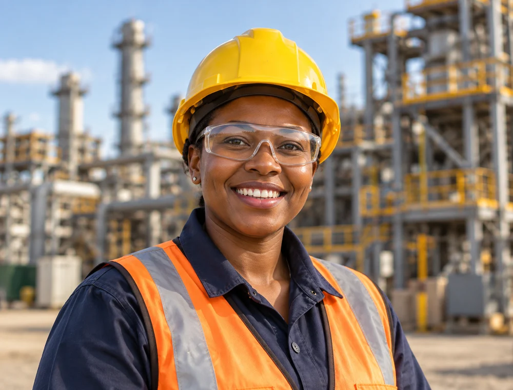 Safety training professional wearing a hard hat and protective glasses